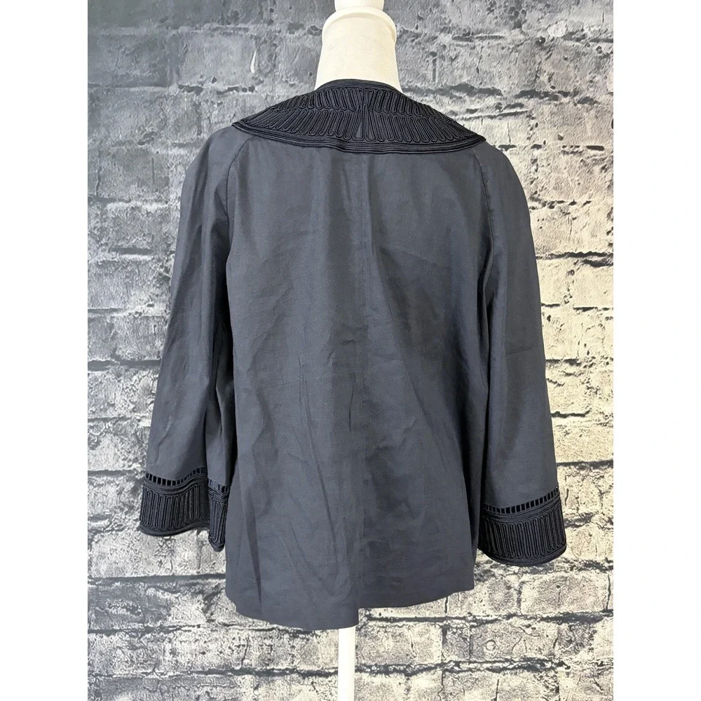 Anne Klein Jacket Womens 14 Blue Linen Blend Embroidered Collar Open Front